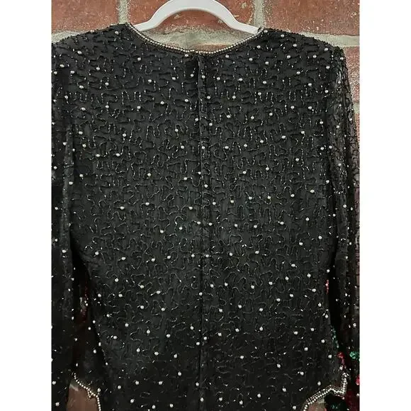 Vintage Laurence Kazar Black Beaded Silk Top Poinsettia Flowers Size Large - Picture 7 of 9